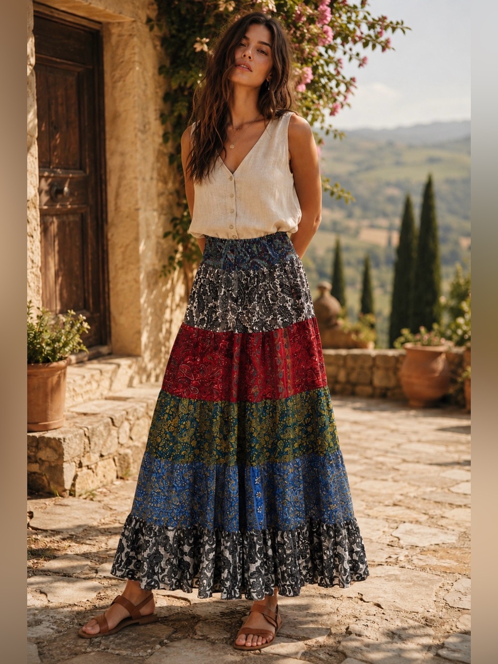 Bohemian Tiered Maxi Skirt in Red, Blue & Green